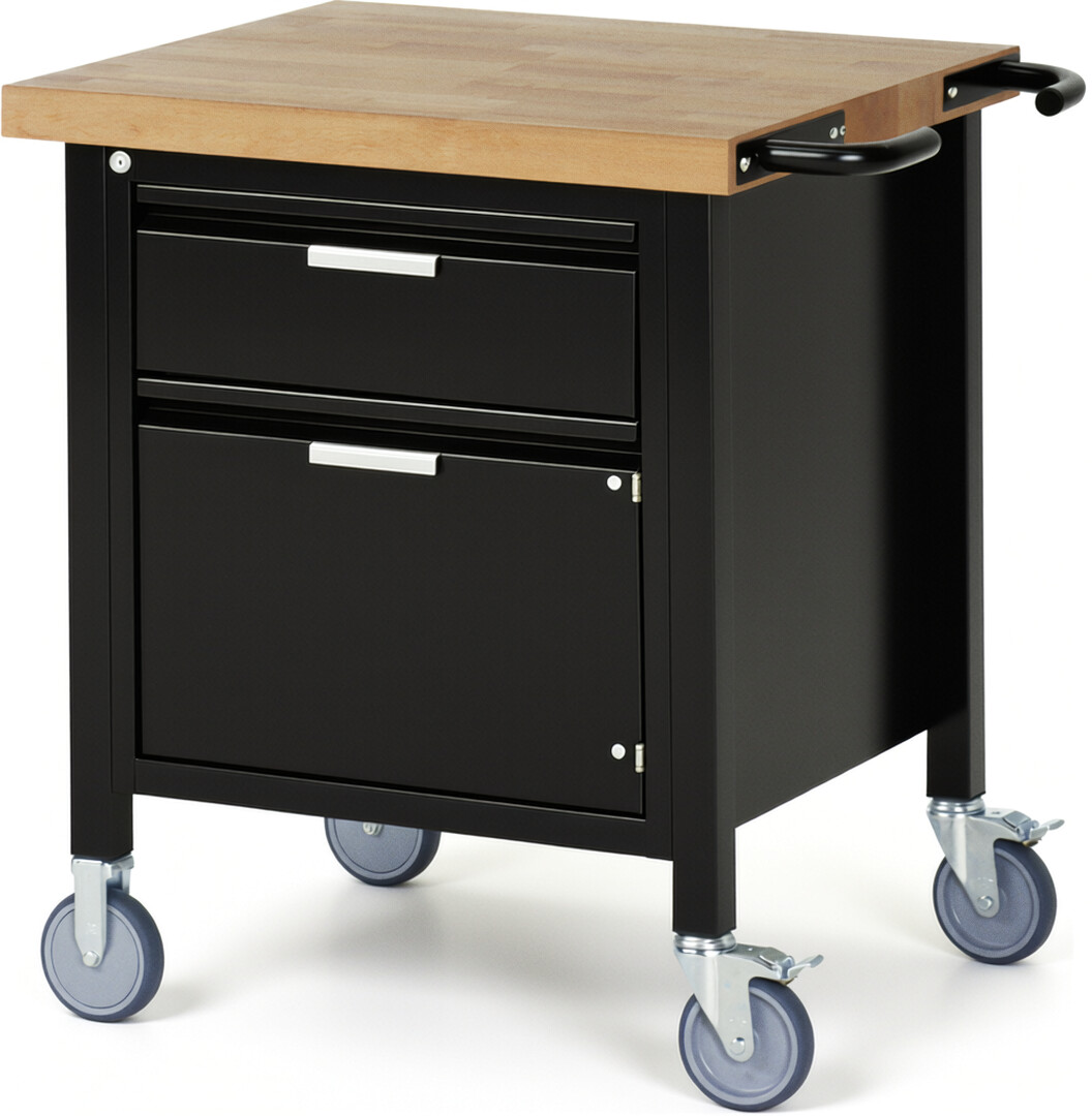 Fahrbare Werkbank - Modell 8002 BASIC schwarz, BxTxH 750x700x880 mm,  Buche-Massiv Arbeitsplatte 40 mm,  1 Schublade mit  Auszug 90 %