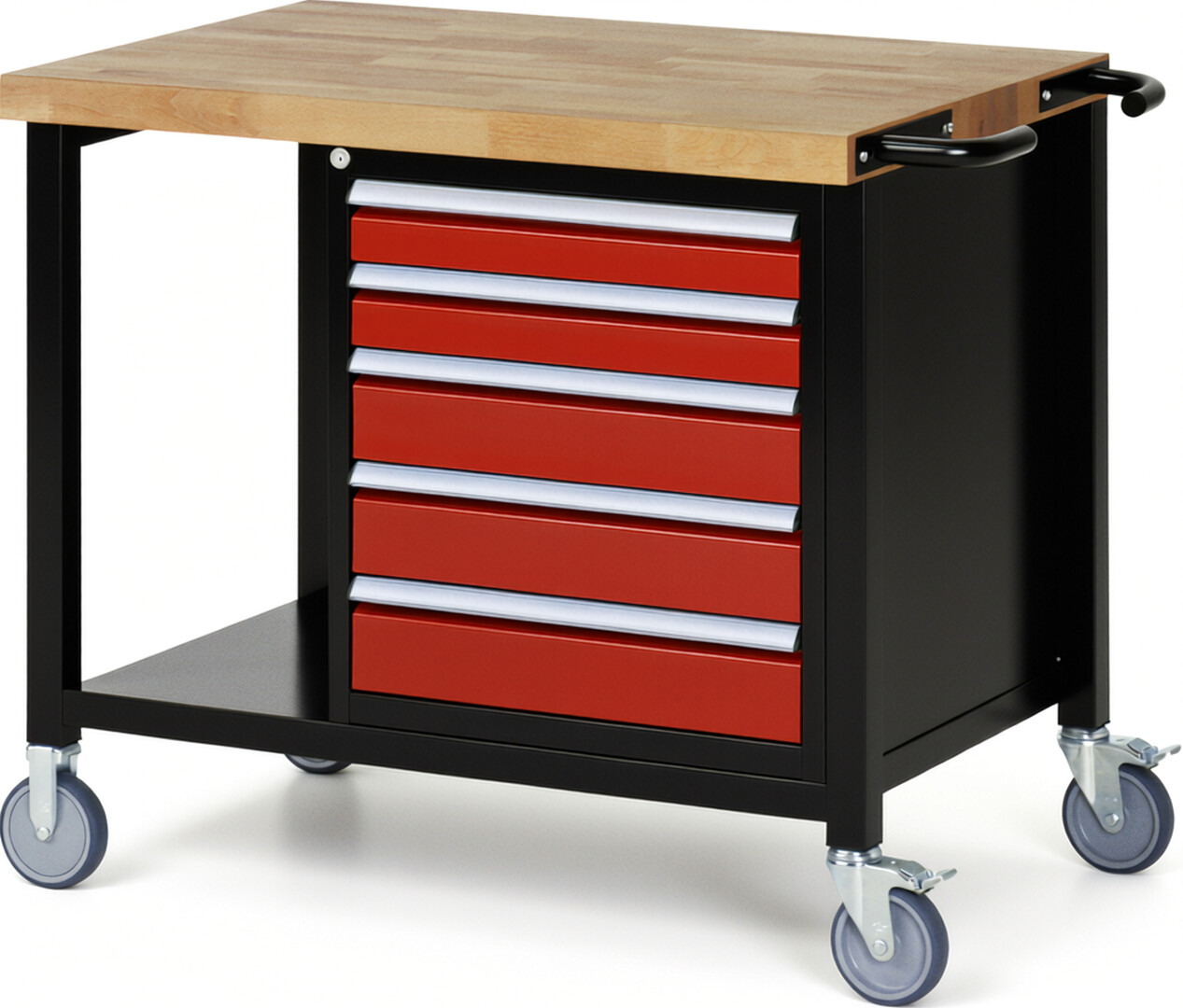 RAU Werkbank schwarz - rot - Breite 100 cm - Tiefe 70 cm - Höhe 108 cm - Buche-Massiv Arbeitsplatte 40 mm