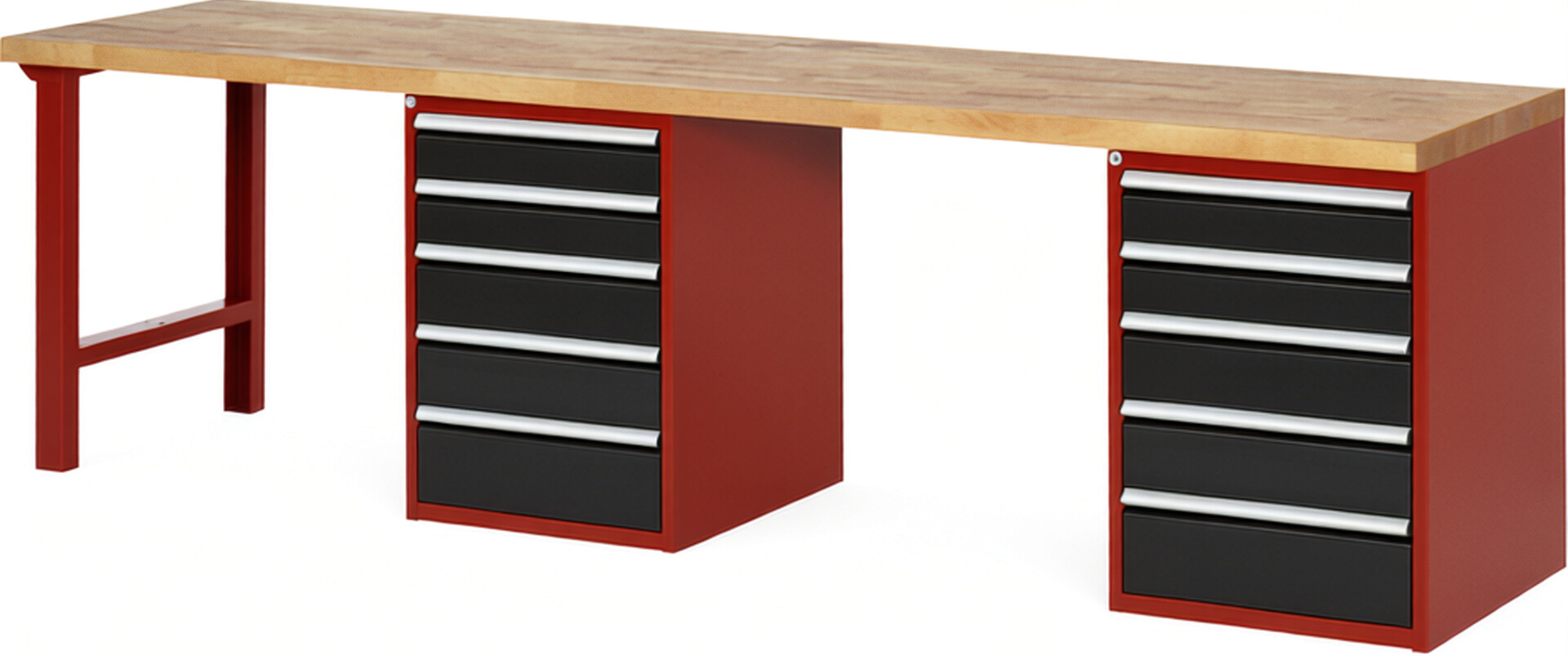 Werkbank Modell 7513 rot - schwarz, BxTxH 3000x700x890 mm,  Buche-Massiv Arbeitsplatte 40 mm,  10 Schubladen mit  Auszug 90 %