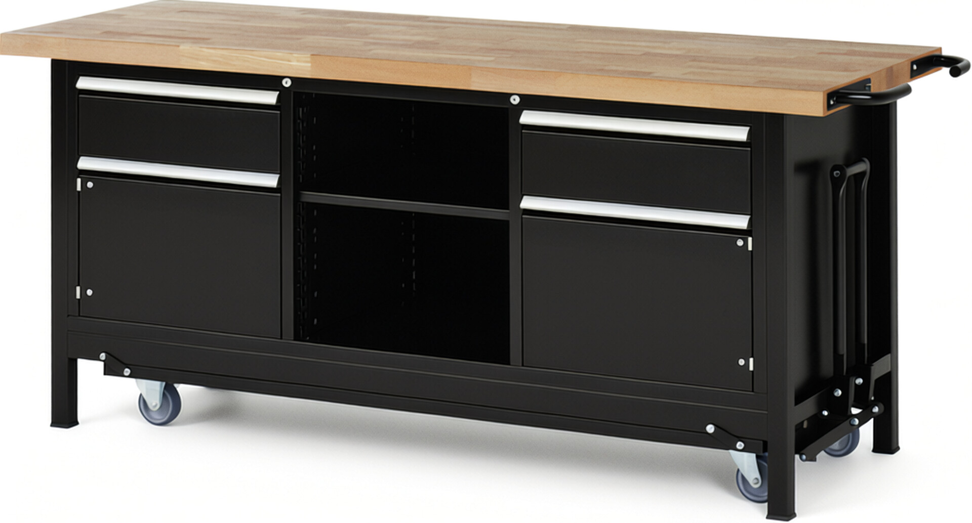 Absenkbare Werkbank Modell 8561 schwarz, BxTxH 2000x700x880 mm,  Buche-Massiv Arbeitsplatte 40 mm,  2 Schubladen mit  Auszug 90 %