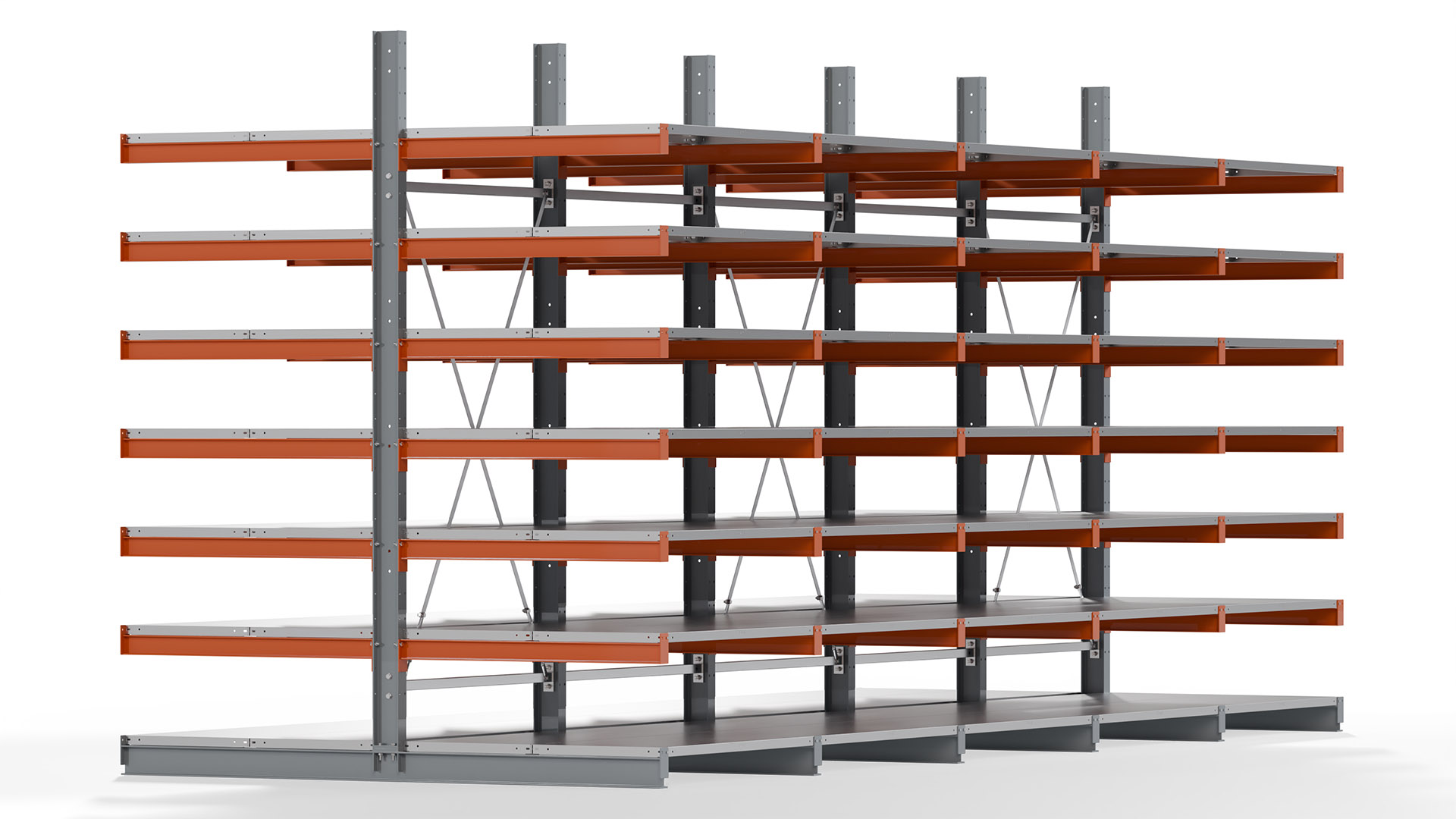 Kragarmregal KARL basic - lackiert - Breite: 640 cm - Höhe: 300 cm - Tiefe: 120 cm - Traglast je Kragarm: 370 kg - beidseitig