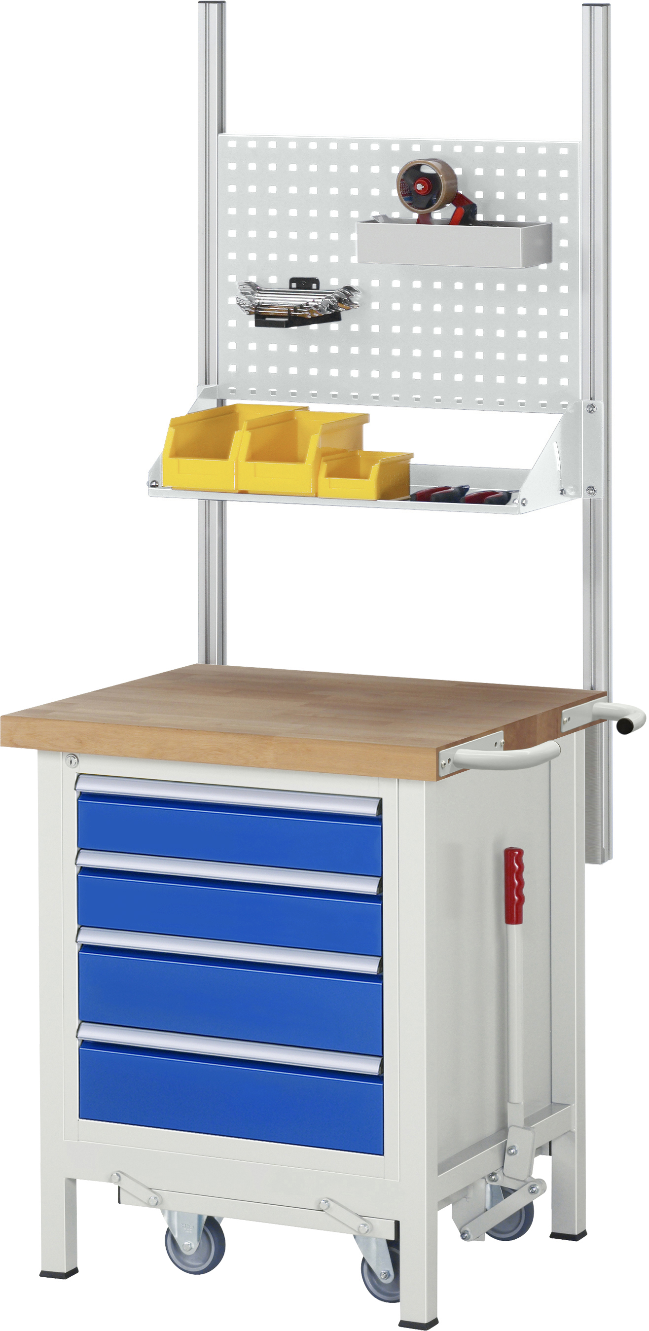 Absenkbare Werkbank Modell 8152 rot, BxTxH 750x700x880 mm,  Buche-Massiv Arbeitsplatte 40 mm,  1 Schublade mit  Vollauszug 100 % und  SoftClosing