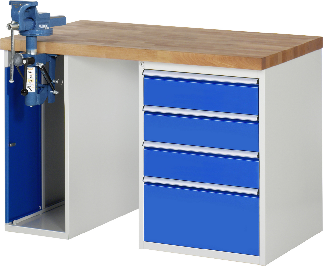 Werkbank Modell 7510 rot - schwarz, BxTxH 1250x700x840 mm,  Buche-Massiv Arbeitsplatte 40 mm,  4 Schubladen mit  Auszug 90 %