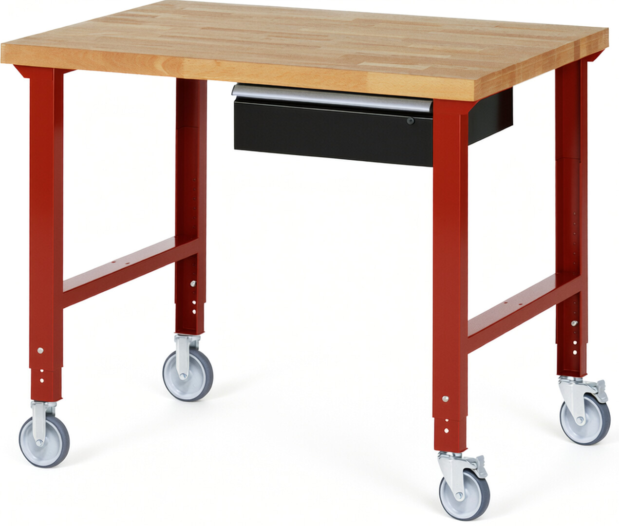 Fahrbare Werkbank Modell 7001 rot - schwarz, BxTxH 1250x900x950-1000 mm,  Buche-Massiv Arbeitsplatte 40 mm,  1 Schublade mit  Auszug 90 %