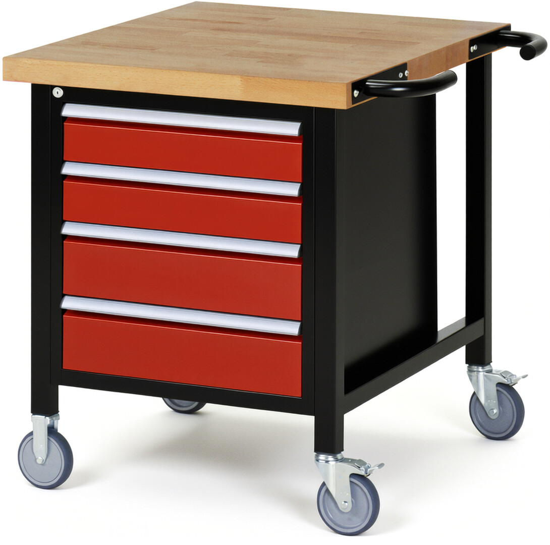 Fahrbare Werkbank Modell 8162 schwarz-rot, BxTxH 750x900x880 mm,  Buche-Massiv Arbeitsplatte 40 mm,  4 Schubladen mit  Vollauszug 100 % und  SoftClosing