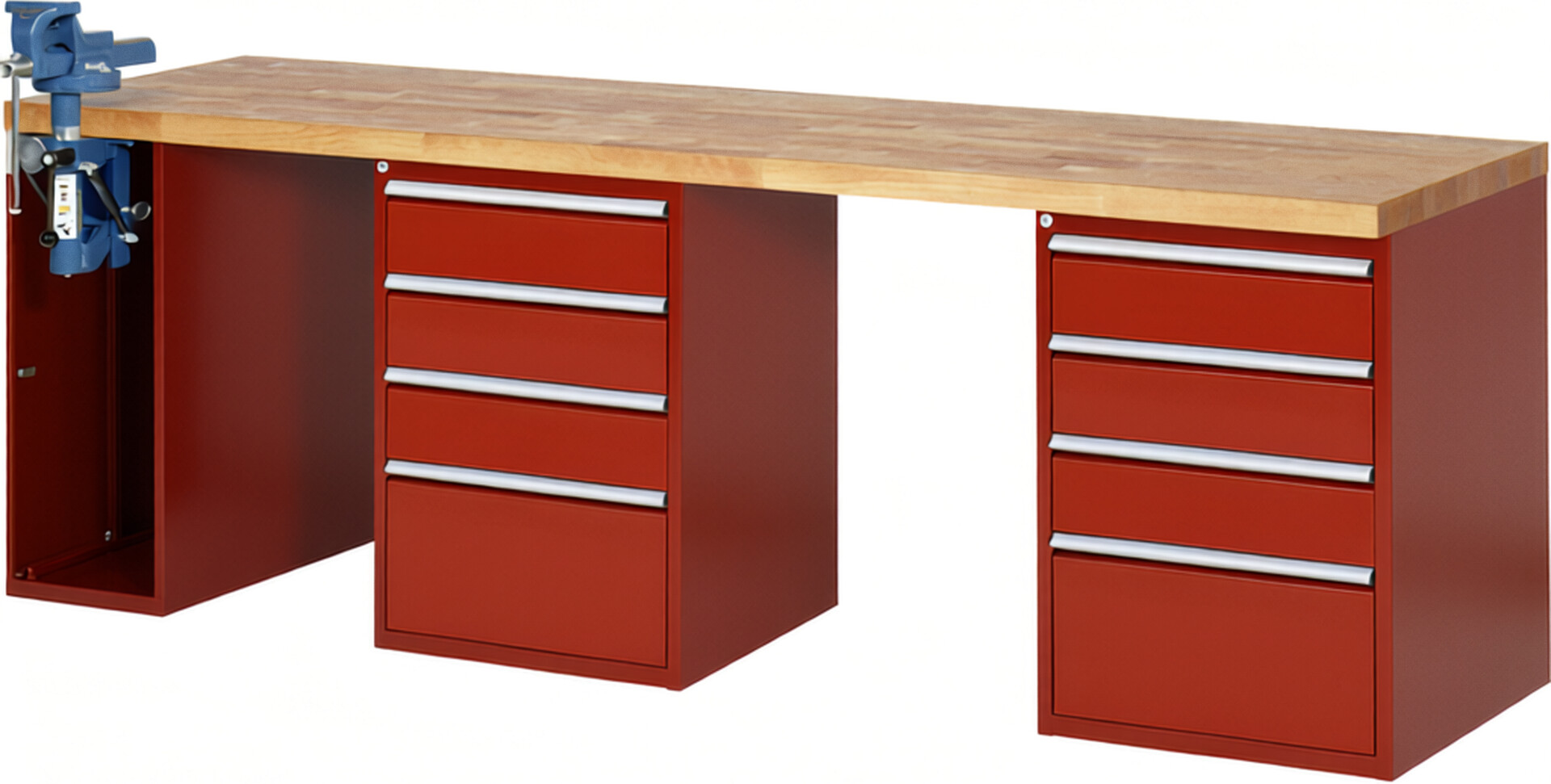 Werkbank Modell 7510 rot, BxTxH 2500x700x840 mm,  Buche-Massiv Arbeitsplatte 40 mm,  8 Schubladen mit  Vollauszug 100 % und  SoftClosing