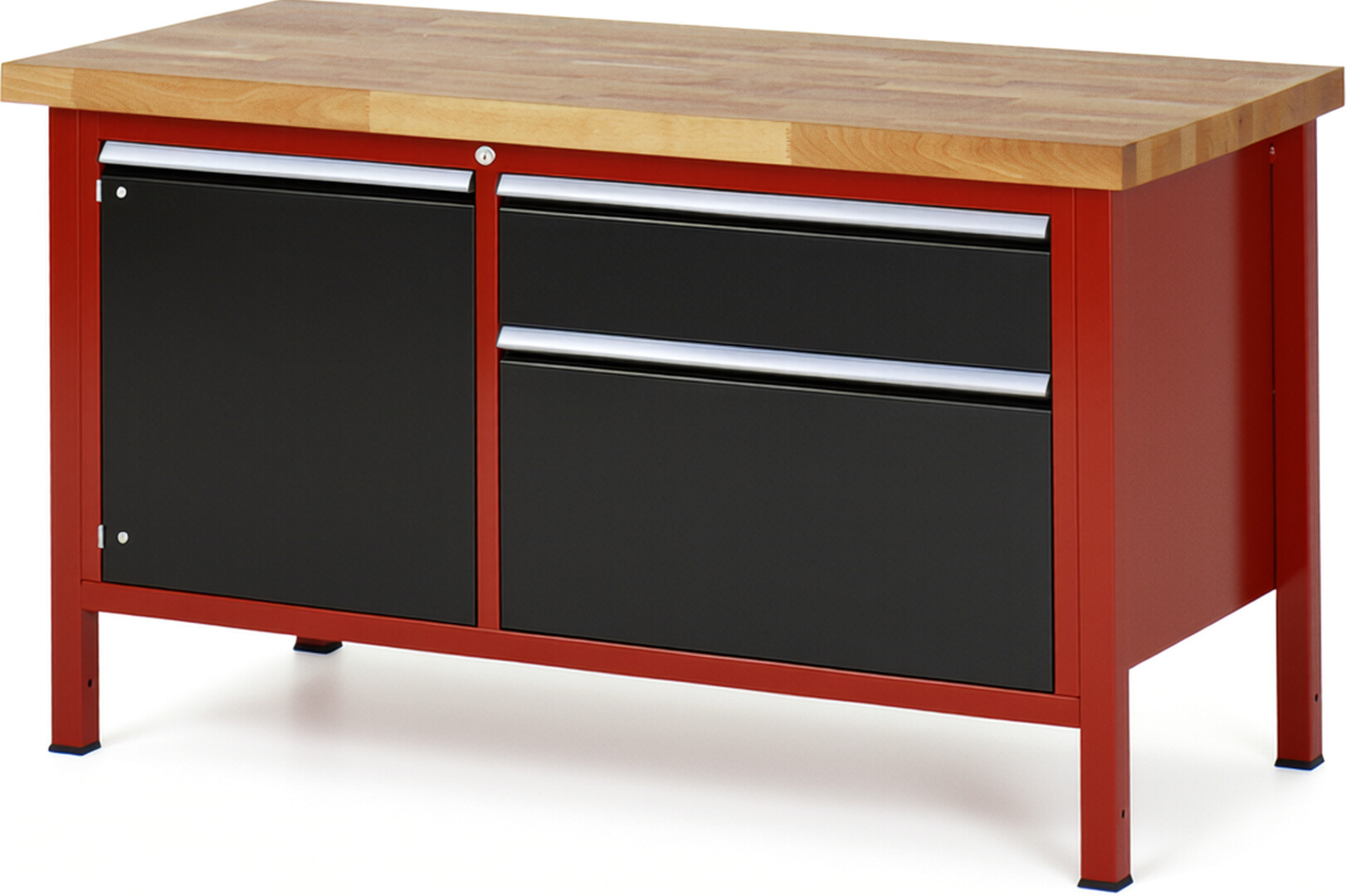 Werkbank Modell 8651 rot - schwarz, BxTxH 1500x700x840 mm,  Buche-Massiv Arbeitsplatte 40 mm,  2 Schubladen mit  Auszug 90 %