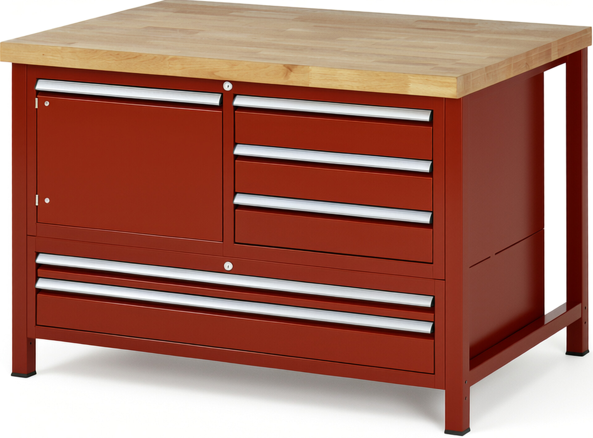 Werkbank Modell 8932 rot, BxTxH 1250x900x840-1040 mm,  Buche-Massiv Arbeitsplatte 40 mm,  5 Schubladen mit  Vollauszug 100 % und  SoftClosing