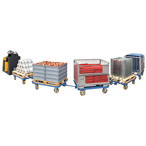 Paletten-Fahrgestell als Routenzug, Ladefläche BxT 1210x810 mm, Traglast 1000 kg, inkl. Deichsel und Kupplung, RAL 5007 brillantblau