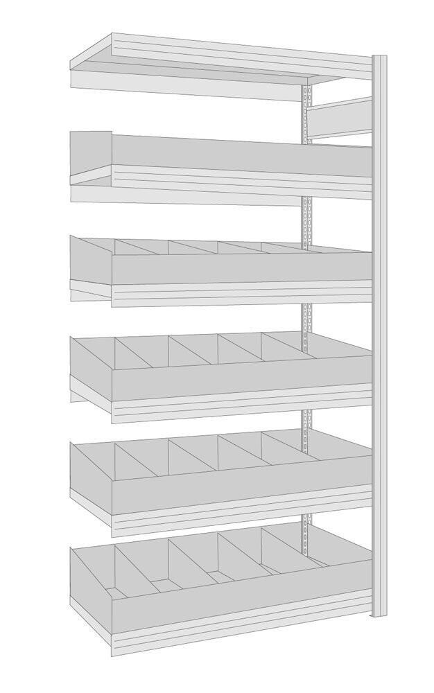 Kleinteileregal mit Schüttensets, Anbaufeld, 6 Ebenen Spanplatte, davon 5 Ebenen mit Schüttensets, BxTxH 1695x600x2000 mm, Fachlast 250 kg
