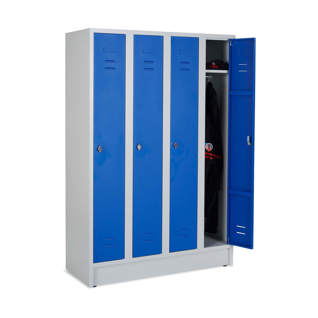 Kleiderspind, 4 Abteile, Abteilbreite 300 mm, Höhe 180 cm, Breite 120 cm, RAL 7035 Lichtgrau / RAL 5010 Enzianblau