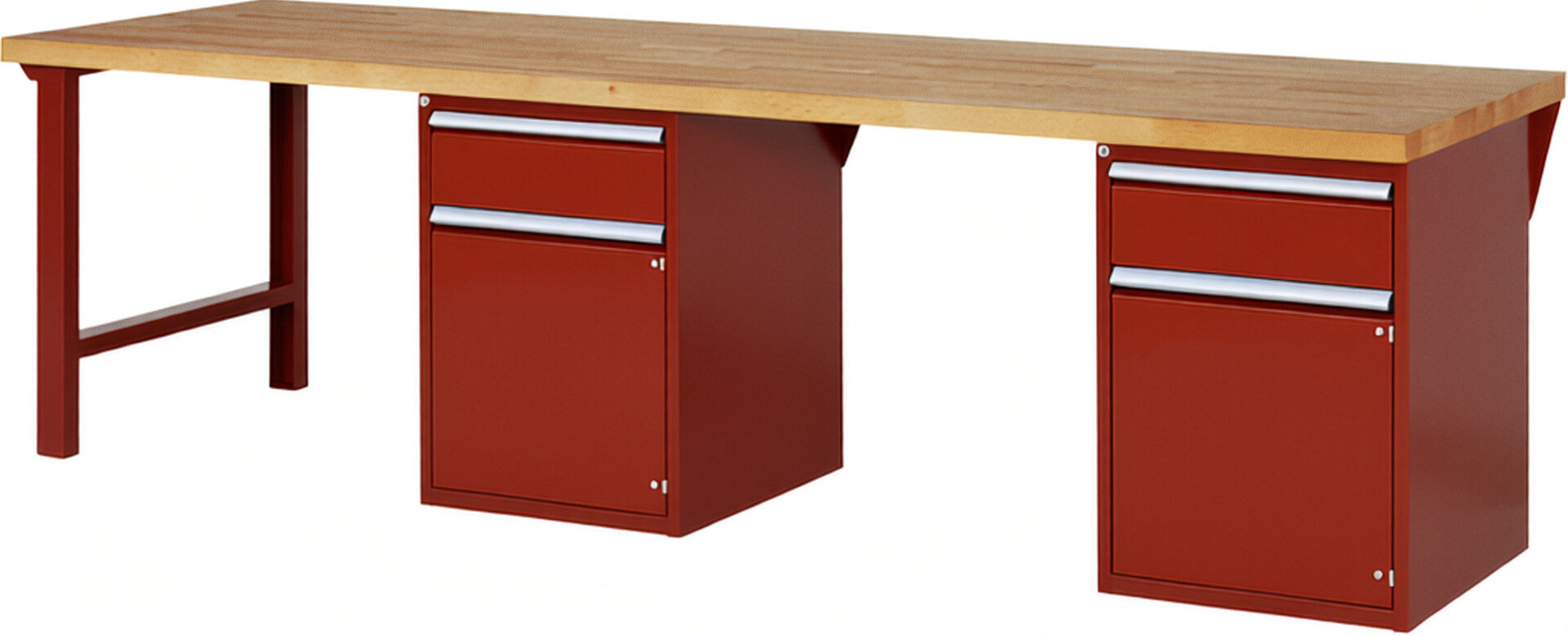 Werkbank Modell 7502 rot, BxTxH 3000x900x890 mm,  Buche-Massiv Arbeitsplatte 40 mm,  2 Schubladen mit  Vollauszug 100 % und  SoftClosing
