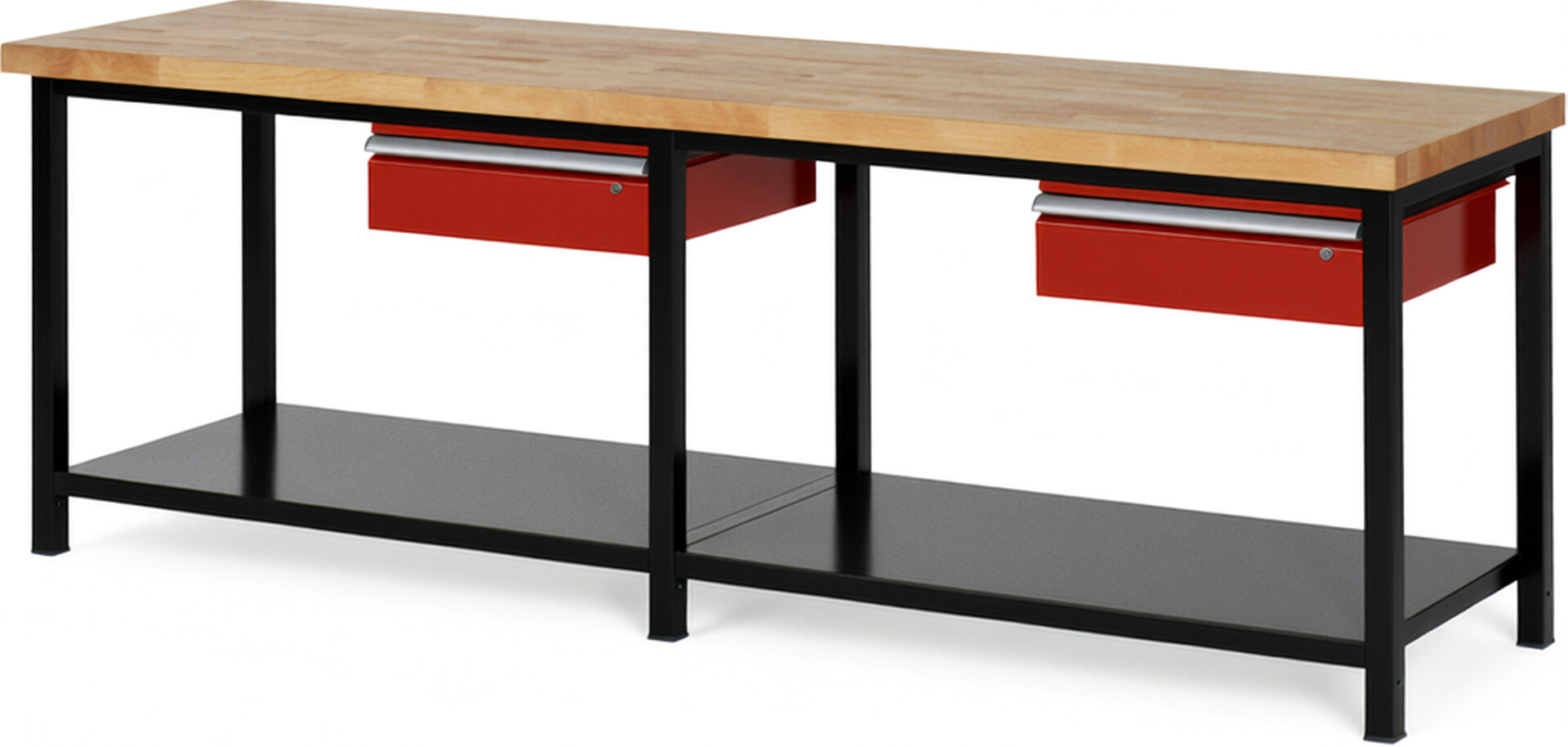 RAU Werkbank schwarz - rot - Breite 250 cm - Tiefe 70 cm - Höhe 104 cm - Buche-Massiv Arbeitsplatte 40 mm