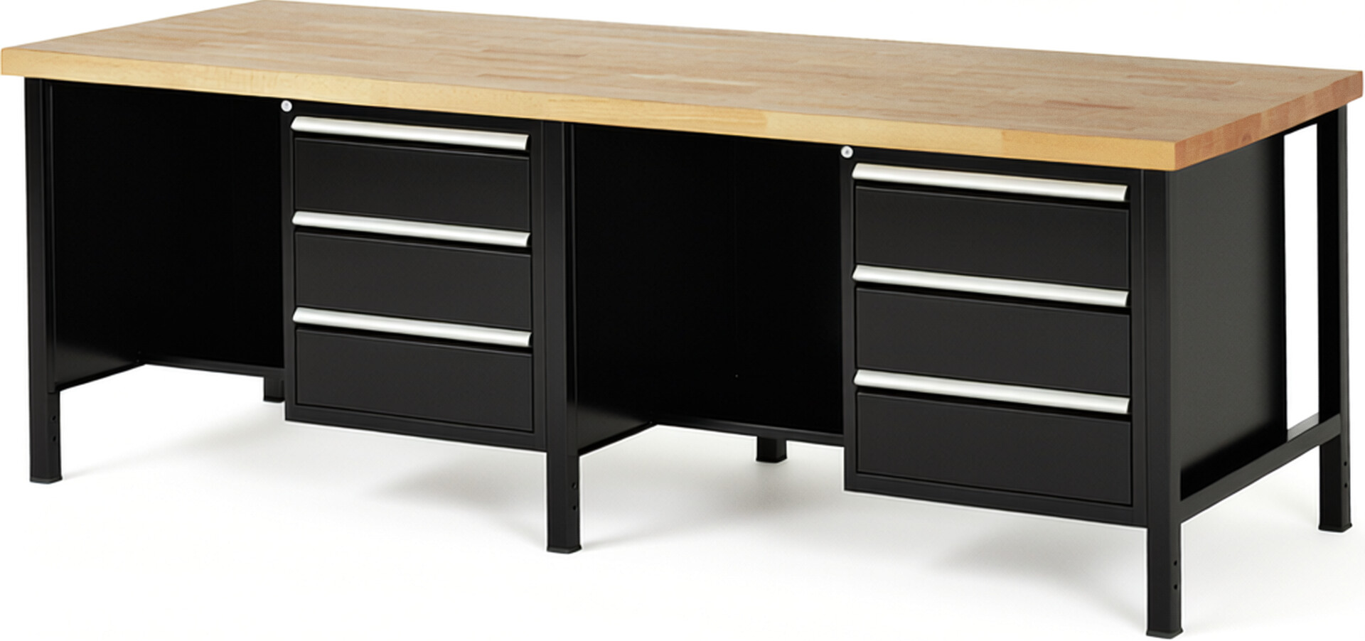Werkbank Modell 8452 schwarz, BxTxH 2500x900x840-1040 mm,  Buche-Massiv Arbeitsplatte 40 mm,  6 Schubladen mit  Auszug 90 %