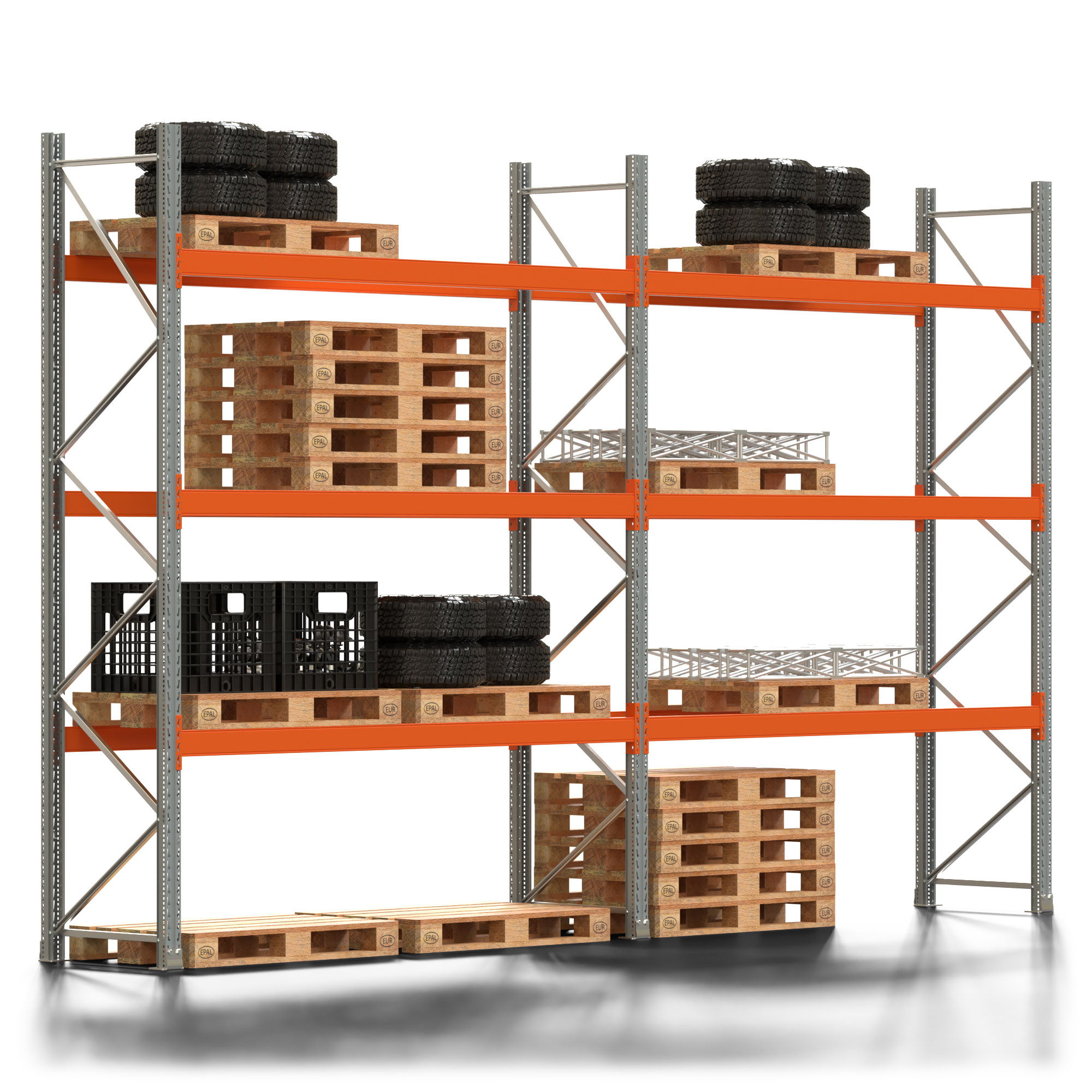 Palettenregal ARTUS - Breite 565,5 cm - Höhe 350 cm - Tiefe 80 cm - 3 Träger-Ebenen - Fachlast 2000 kg - 16 Palettenstellplätze