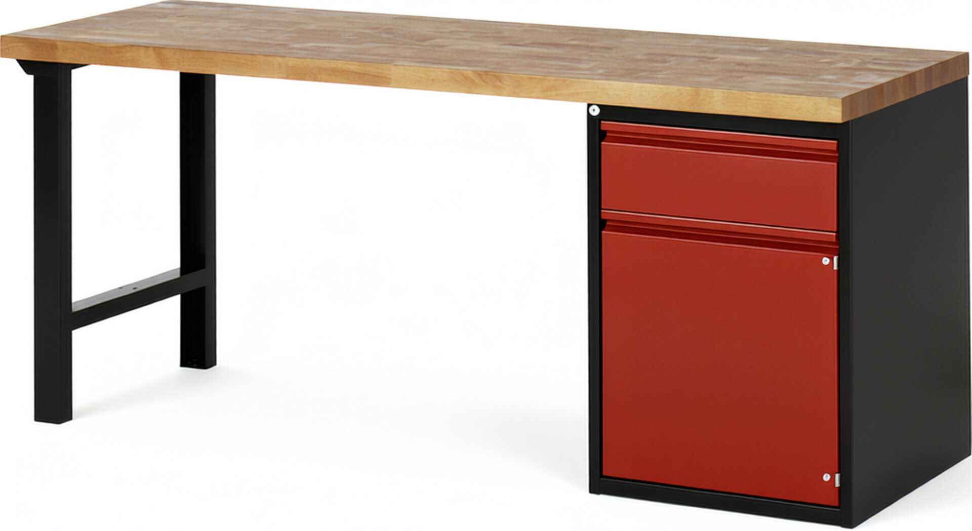 Werkbank schwarz - rot, Breite 200 cm, Tiefe 70 cm, Höhe 84 cm, 1 Schublade(n), Platte: Buche-Massiv-Arbeitsplatte