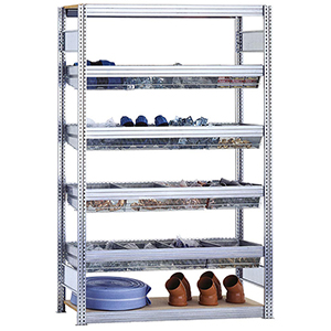 Kleinteileregal mit Gitterwannen, Grundfeld, BxTxH 875x400x2000 mm, 4 Ebenen mit Gitterwannen, 2 Ebenen mit Spanplattenboden, Fachlast 250 kg