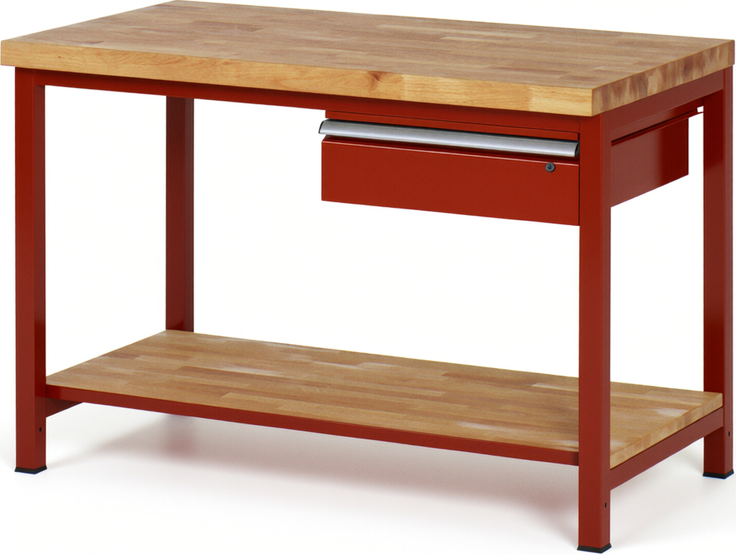 Werkbank Modell 8001 rot, BxTxH 1250x700x840-1040 mm,  Buche-Massiv Arbeitsplatte 40 mm,  1 Schublade mit  Auszug 90 %