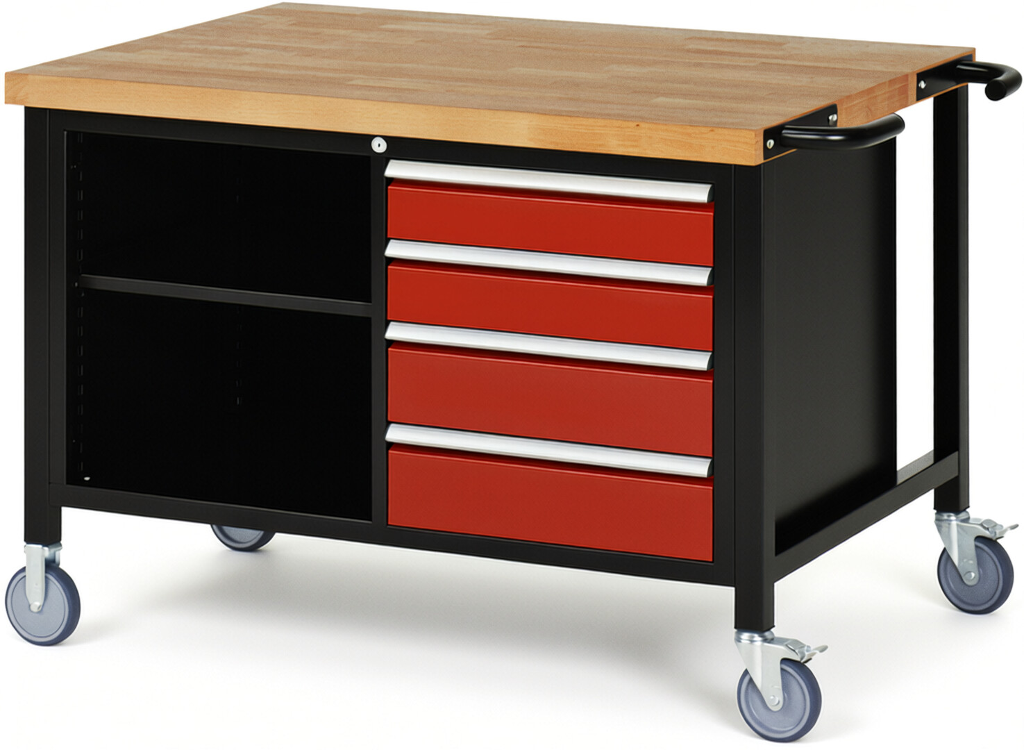 Fahrbare Werkbank Modell 8463 schwarz-rot, BxTxH 1250x900x880 mm,  Buche-Massiv Arbeitsplatte 40 mm,  4 Schubladen mit  Auszug 90 %