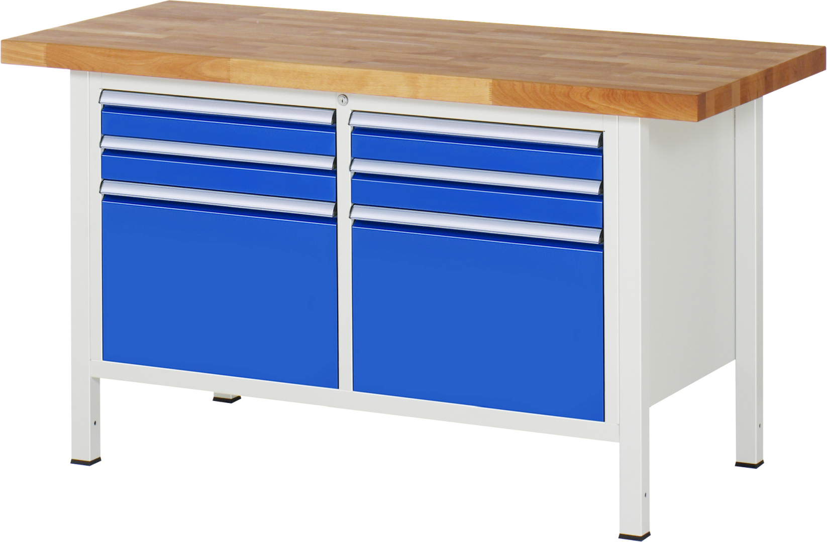 Werkbank Modell 8474 schwarz, BxTxH 1500x700x840-1040 mm,  Buche-Massiv Arbeitsplatte 40 mm,  6 Schubladen mit  Auszug 90 %