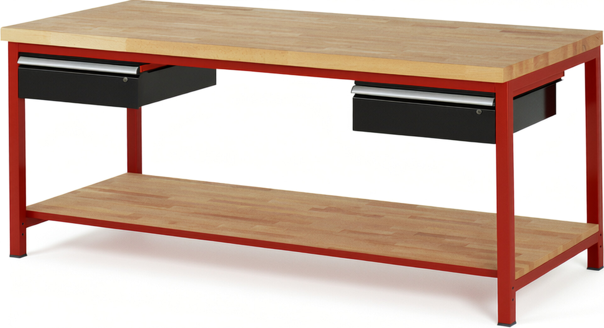 RAU Werkbank rot - schwarz - Breite 200 cm - Tiefe 90 cm - Höhe 104 cm - Buche-Massiv Arbeitsplatte 40 mm