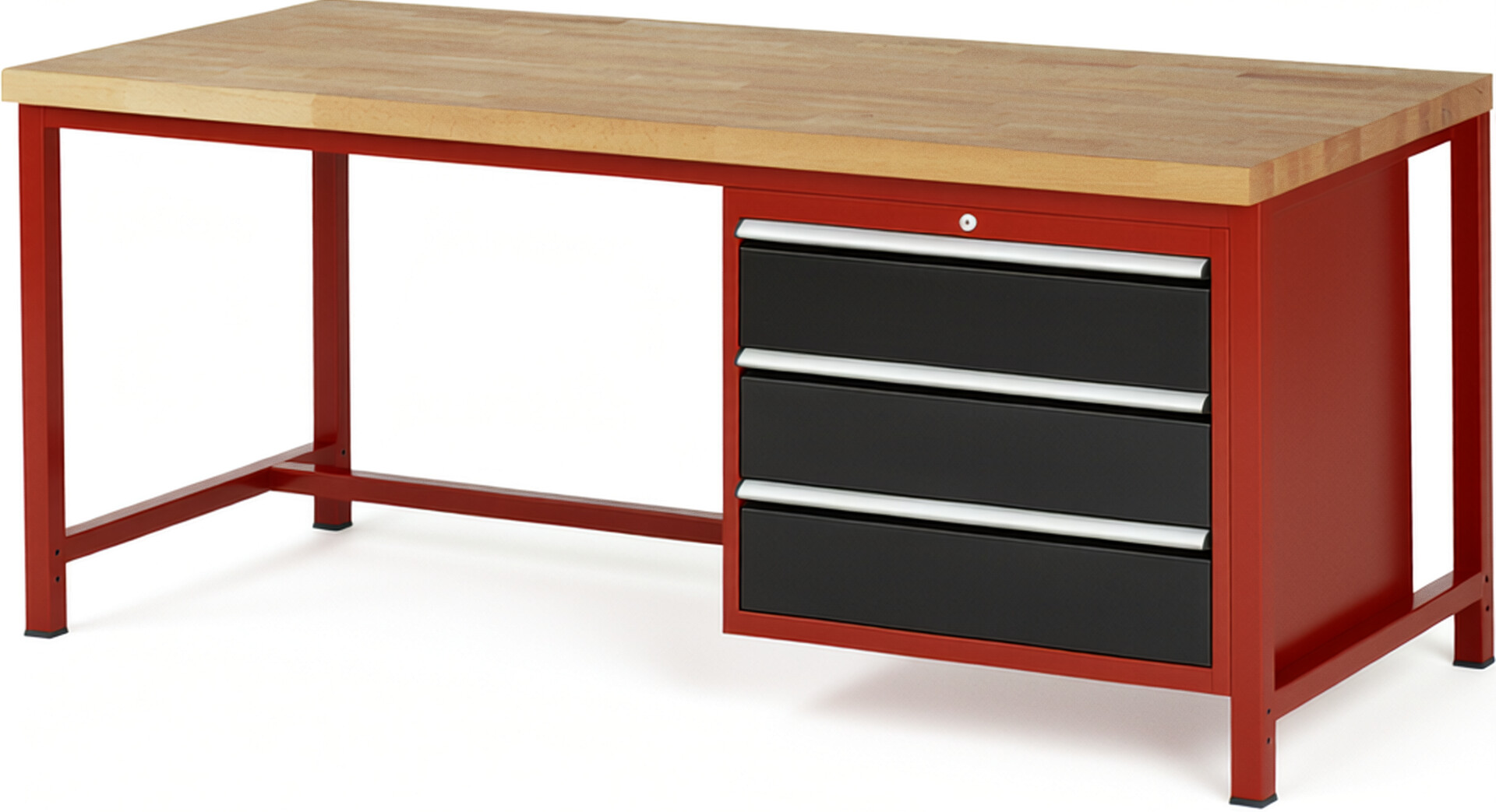 Werkbank Modell 8257 rot - schwarz, BxTxH 2000x900x840 mm,  Buche-Massiv Arbeitsplatte 40 mm,  3 Schubladen mit  Vollauszug 100 % und  SoftClosing