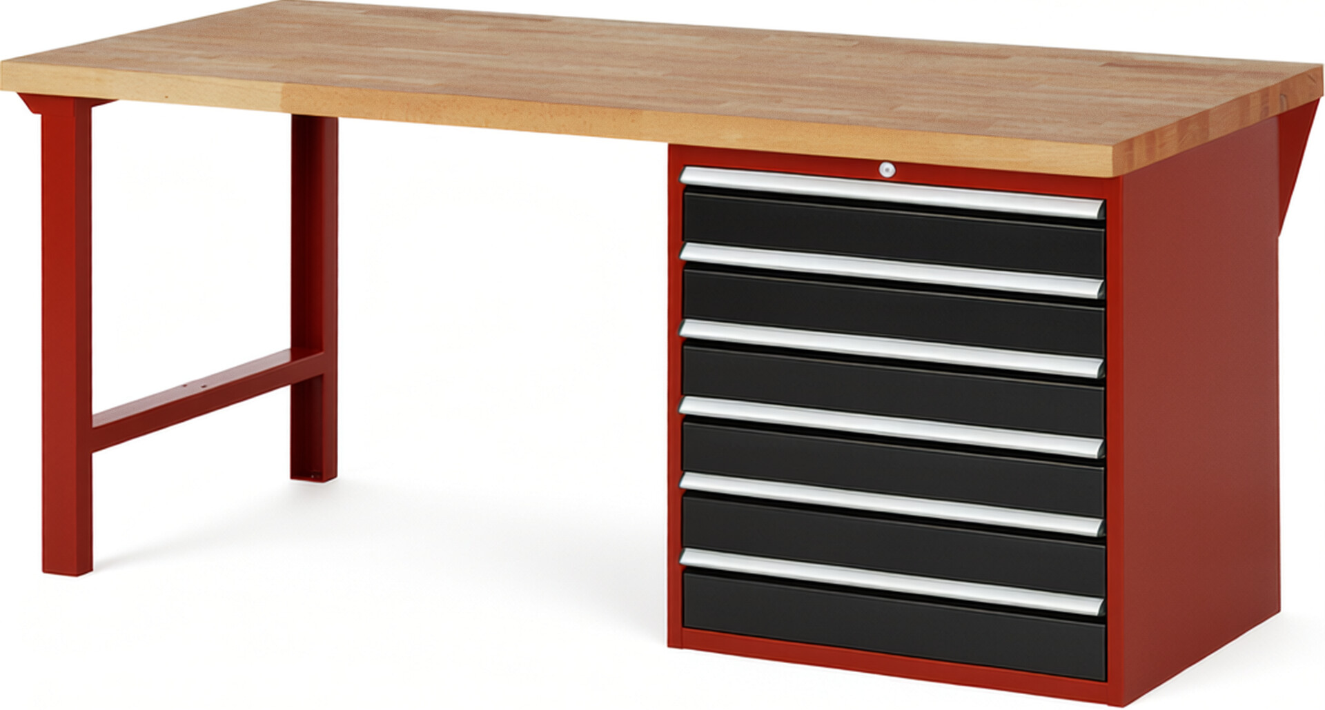Werkbank Modell 7616 rot - schwarz, BxTxH 2000x900x890 mm,  Buche-Massiv Arbeitsplatte 40 mm,  6 Schubladen mit  Vollauszug 100 % und  SoftClosing