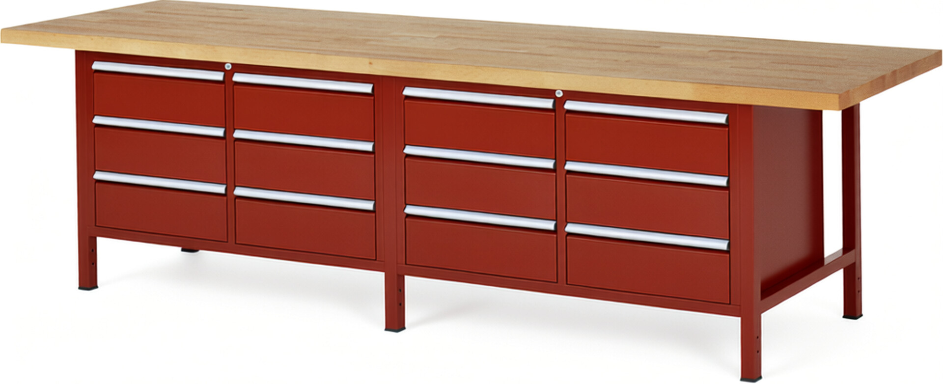 Werkbank Modell 8473 rot, BxTxH 3000x900x840 mm,  Buche-Massiv Arbeitsplatte 40 mm,  12 Schubladen mit  Auszug 90 %