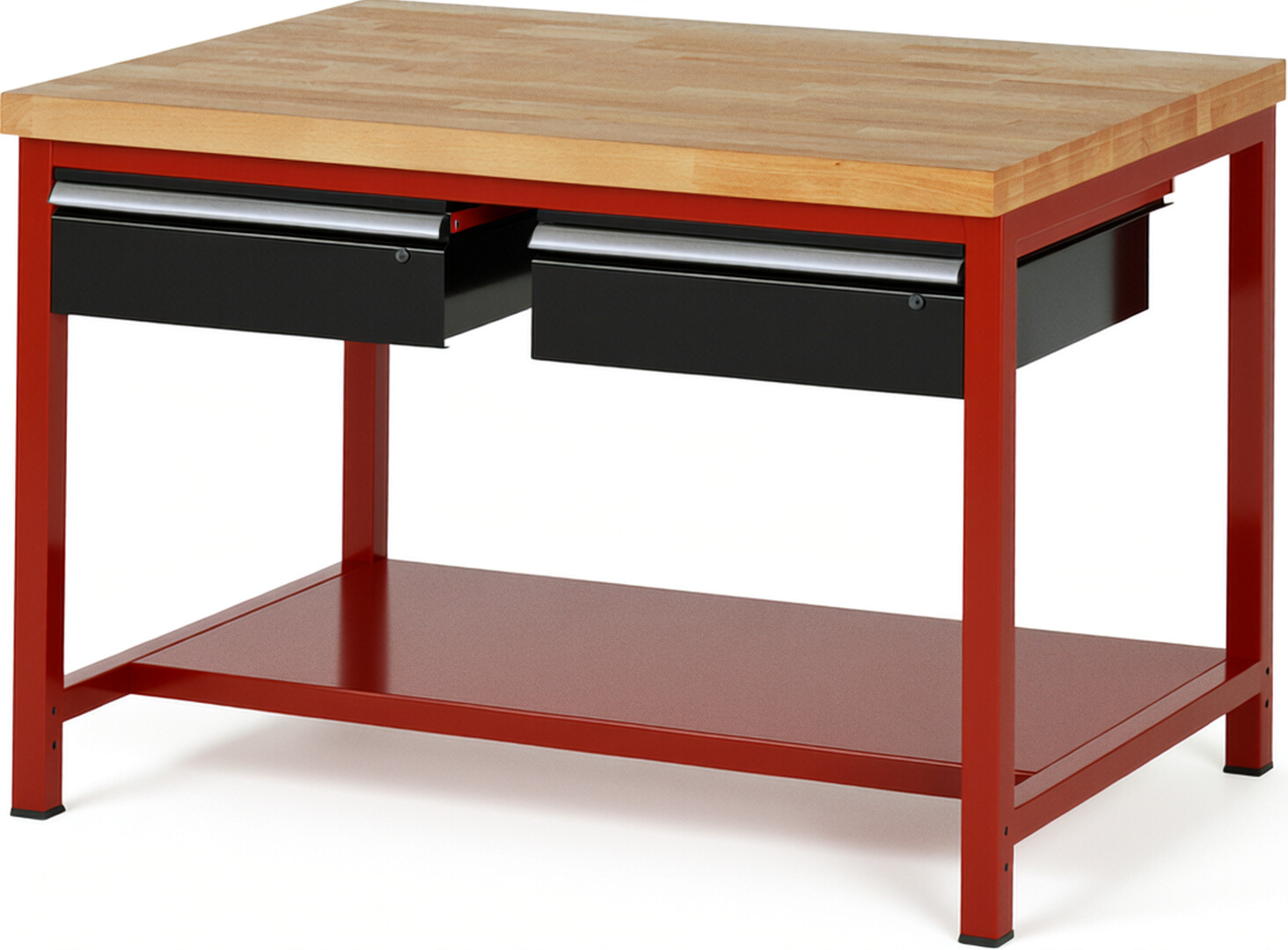 Werkbank Modell 8002 rot - schwarz, BxTxH 1250x900x840-1040 mm,  Buche-Massiv Arbeitsplatte 40 mm,  2 Schubladen mit  Auszug 90 %