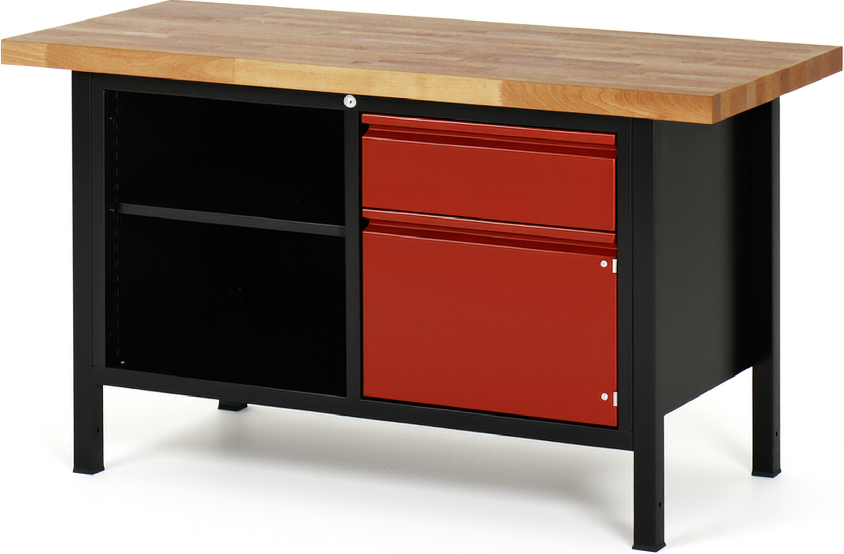 RAU Werkbank schwarz - rot - Breite 150 cm - Tiefe 70 cm - Höhe 104 cm - Buche-Massiv Arbeitsplatte 40 mm