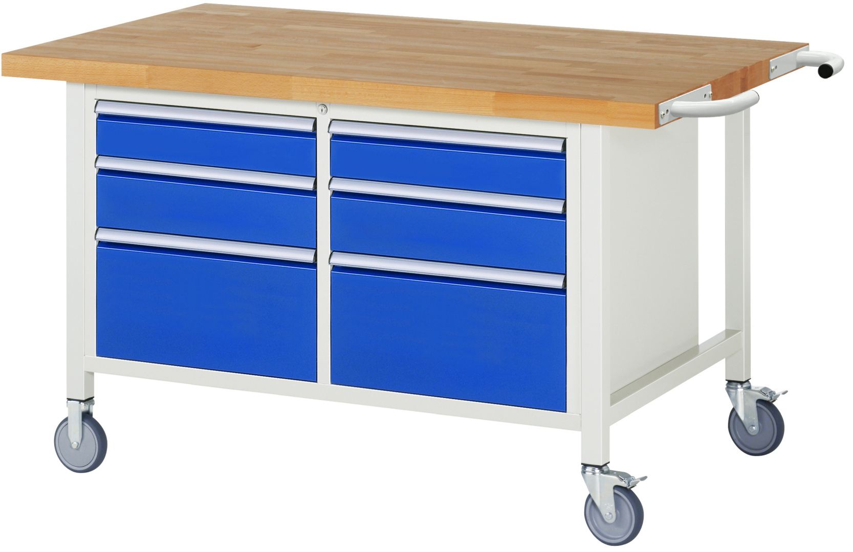 Fahrbare Werkbank Modell 8475 schwarz-rot, BxTxH 1500x900x880-1080 mm,  Buche-Massiv Arbeitsplatte 40 mm,  6 Schubladen mit  Auszug 90 %