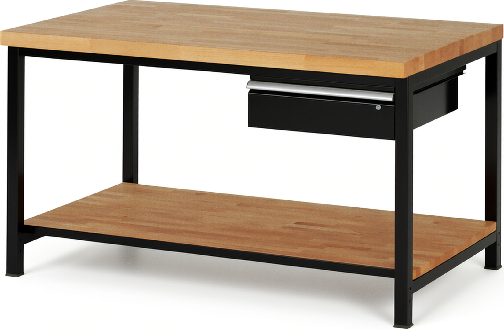 Werkbank Modell 8001 schwarz, BxTxH 1500x900x840-1040 mm,  Buche-Massiv Arbeitsplatte 40 mm,  1 Schublade mit  Auszug 90 %