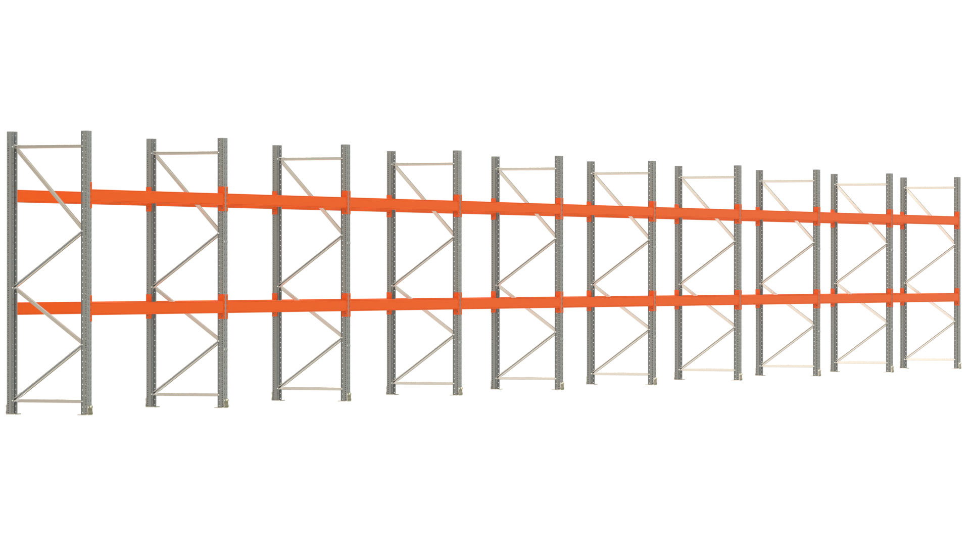 Palettenregal ARTUS - Breite 2515 cm - Höhe 250 cm - Tiefe 80 cm - 2 Träger-Ebenen - max. Fachlast 2100 kg - 54 Palettenstellplätze