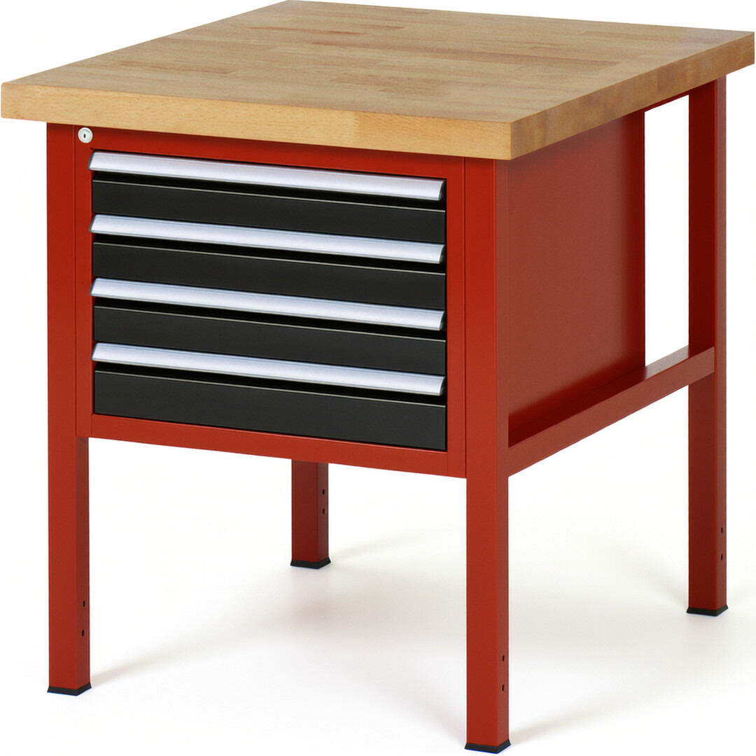 Werkbank Modell 8133 rot - schwarz, BxTxH 750x900x840-1040 mm,  Buche-Massiv Arbeitsplatte 40 mm,  4 Schubladen mit  Auszug 90 %