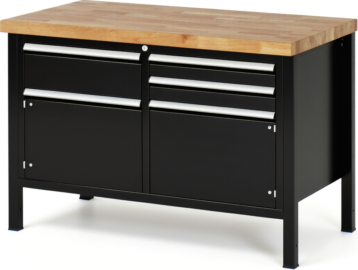 Werkbank Modell 8467 schwarz, BxTxH 1250x700x840-1040 mm,  Buche-Massiv Arbeitsplatte 40 mm,  3 Schubladen mit  Vollauszug 100 % und  SoftClosing