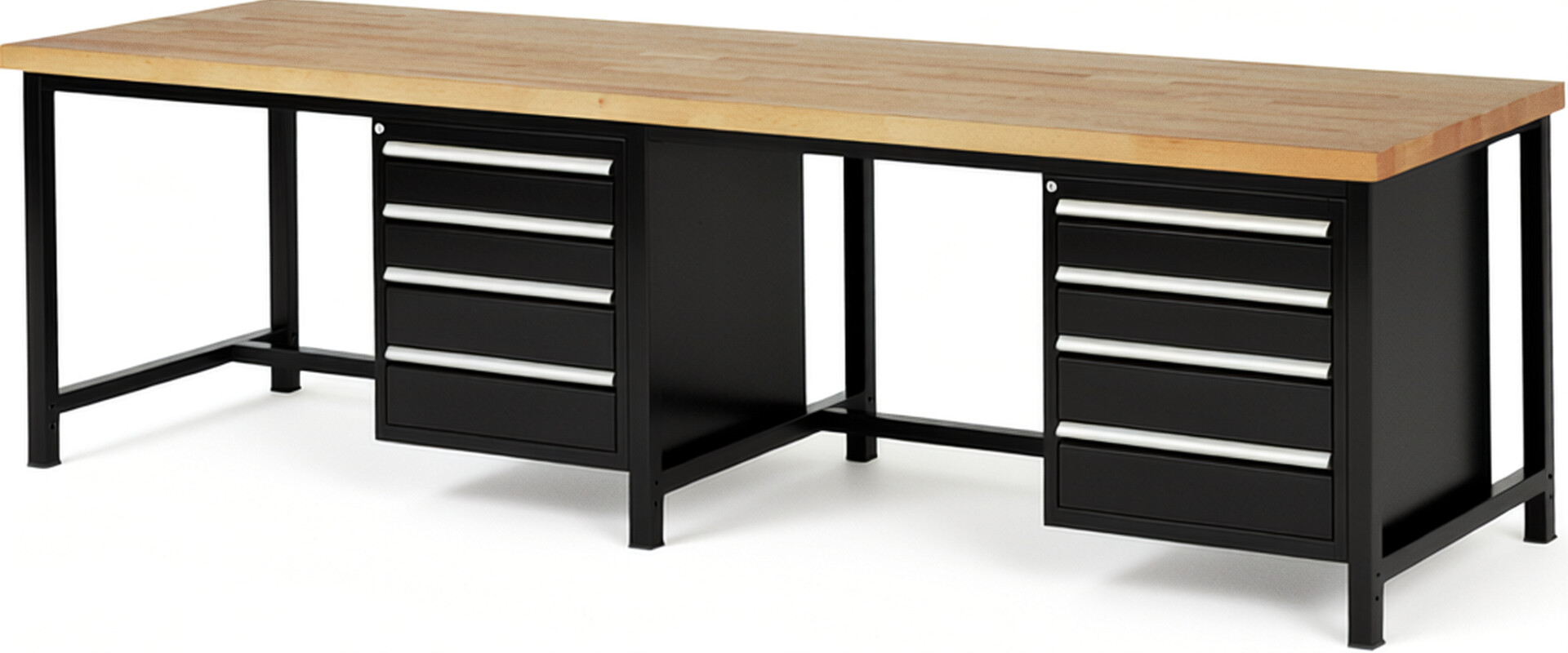 Werkbank Modell 8162 schwarz, BxTxH 3000x900x840-1040 mm,  Buche-Massiv Arbeitsplatte 40 mm,  8 Schubladen mit  Auszug 90 %