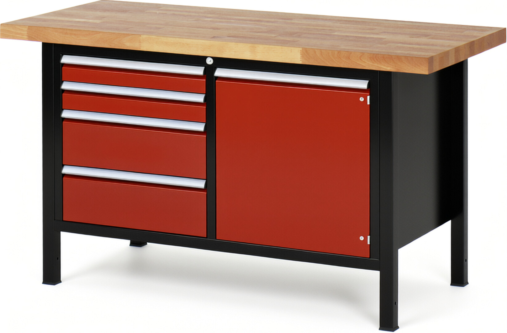 RAU Werkbank schwarz - rot - Breite 150 cm - Tiefe 70 cm - Höhe 104 cm - Buche-Massiv Arbeitsplatte 40 mm