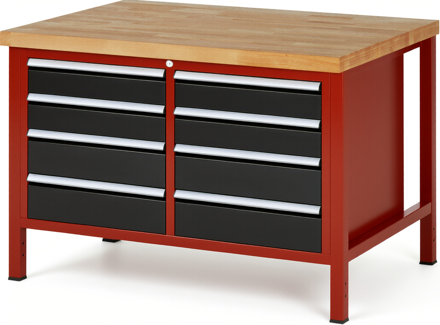 Werkbank Modell 8477 rot - schwarz, BxTxH 1250x900x840 mm,  Buche-Massiv Arbeitsplatte 40 mm,  8 Schubladen mit  Auszug 90 %