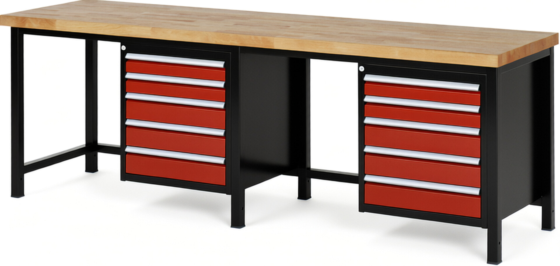 RAU Werkbank schwarz - rot - Breite 250 cm - Tiefe 70 cm - Höhe 104 cm - Buche-Massiv Arbeitsplatte 40 mm