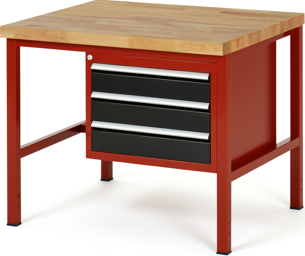 Werkbank Modell 8127 rot - schwarz, BxTxH 1000x900x840-1040 mm,  Buche-Massiv Arbeitsplatte 40 mm,  3 Schubladen mit  Vollauszug 100 % und  SoftClosing