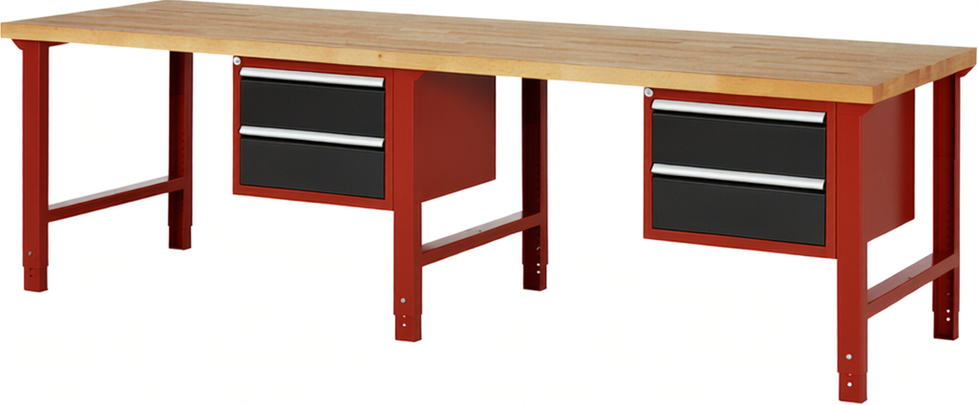 RAU Werkbank rot - schwarz - Breite 300 cm - Tiefe 90 cm - Höhe 114 cm - Buche-Massiv Arbeitsplatte 40 mm