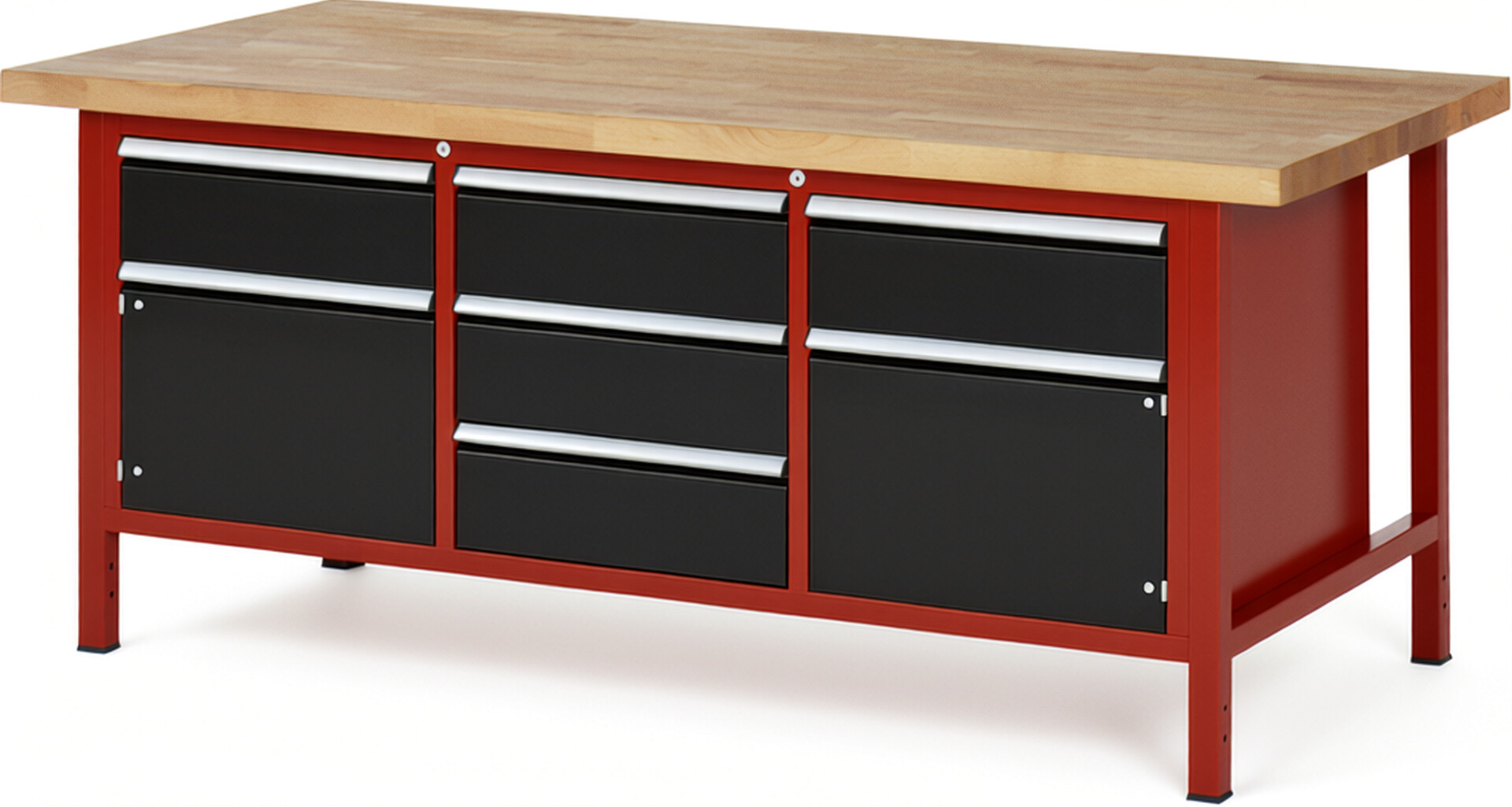 Werkbank Modell 8568 rot - schwarz, BxTxH 2000x900x840-1040 mm,  Buche-Massiv Arbeitsplatte 40 mm,  5 Schubladen mit  Auszug 90 %
