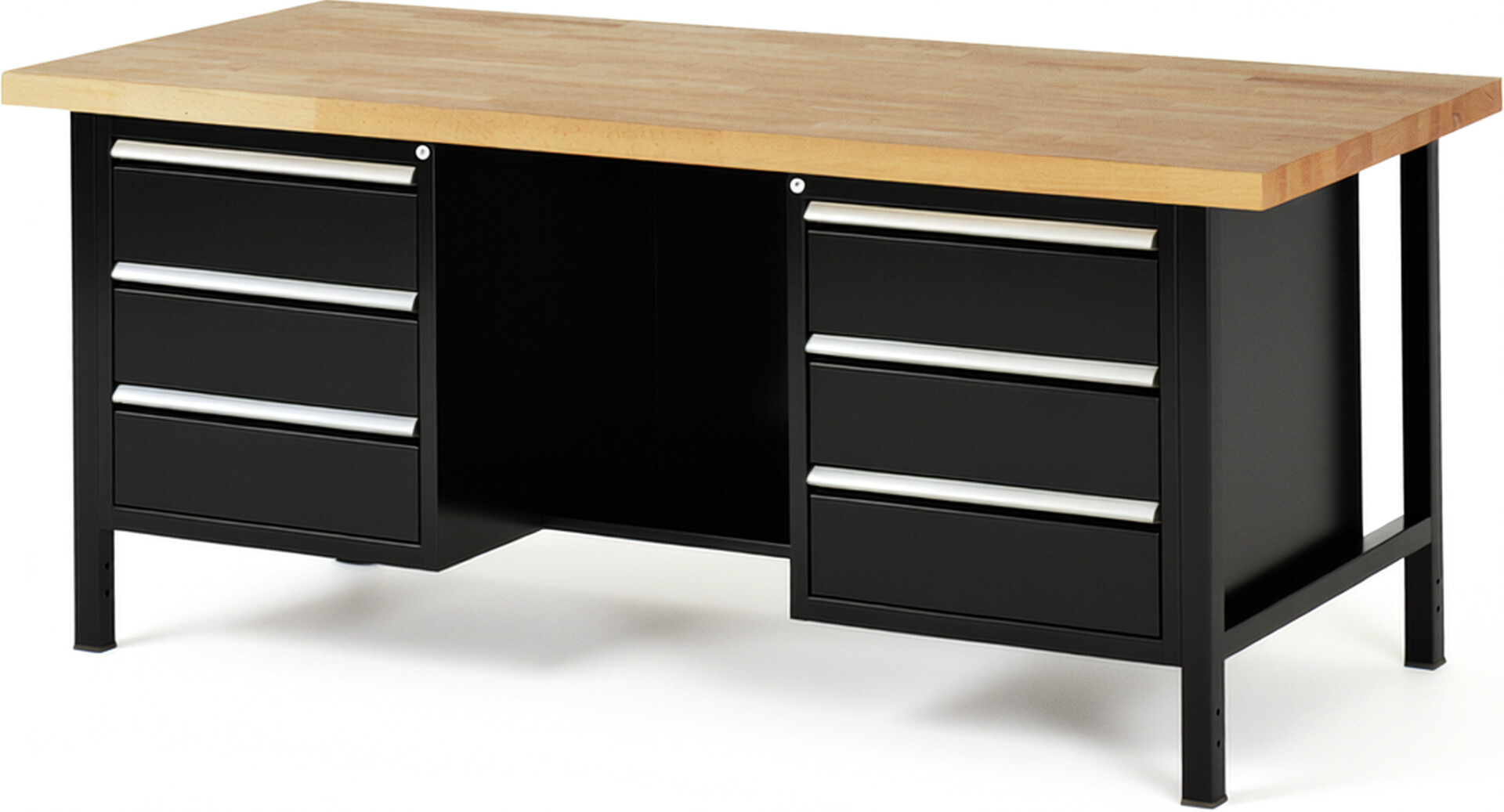 Werkbank Modell 8554 schwarz, BxTxH 2000x900x840-1040 mm,  Buche-Massiv Arbeitsplatte 40 mm,  6 Schubladen mit  Vollauszug 100 % und  SoftClosing