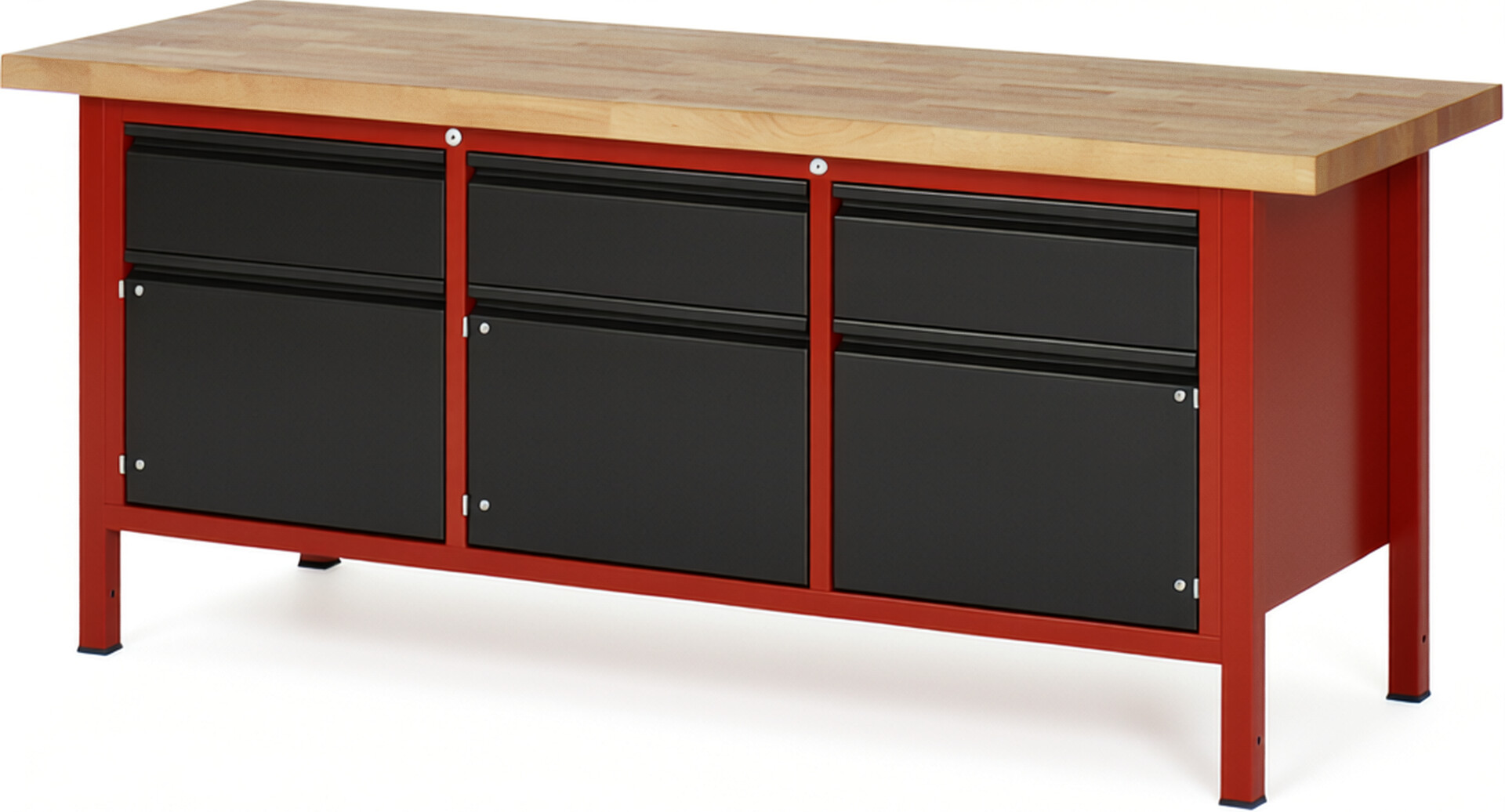 Werkbank - Modell 8567 BASIC rot - schwarz, BxTxH 2000x700x840 mm,  Buche-Massiv Arbeitsplatte 40 mm,  3 Schubladen mit  Auszug 90 %