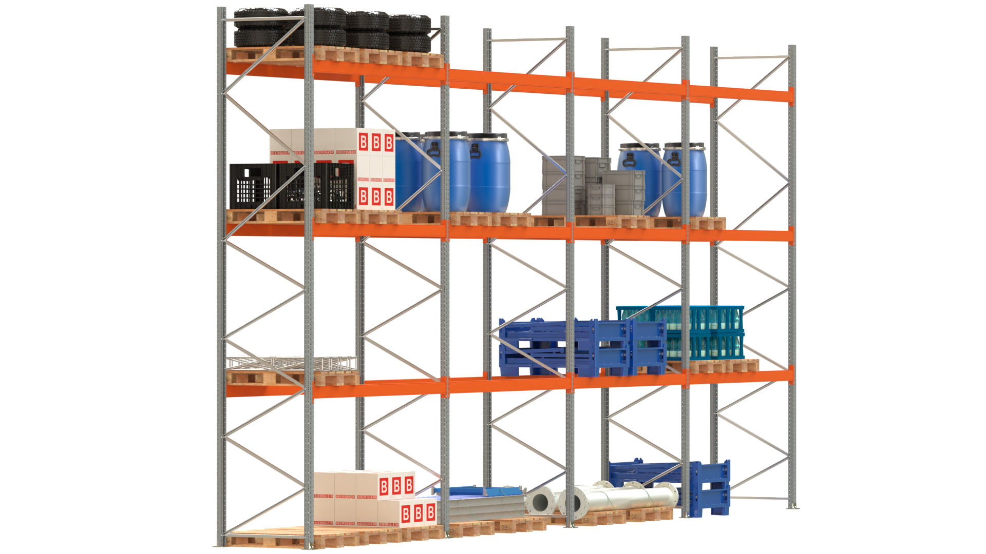 Palettenregal ARTUS - Breite 1122,5 cm - Höhe 550 cm - Tiefe 110 cm - 3 Träger-Ebenen - Fachlast 3000 kg - 48 Palettenstellplätze