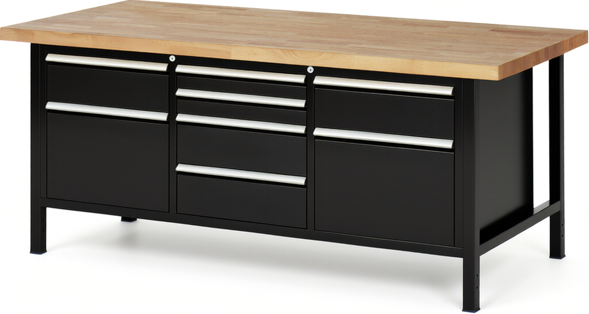 Werkbank Modell 8572 schwarz, BxTxH 2000x900x840-1040 mm,  Buche-Massiv Arbeitsplatte 40 mm,  8 Schubladen mit  Auszug 90 %