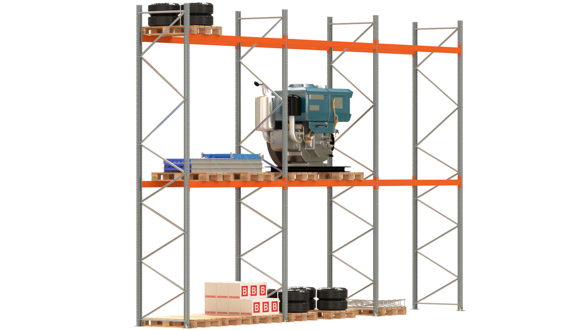 Palettenregal ARTUS - Breite 844 cm - Höhe 550 cm - Tiefe 110 cm - 2 Träger-Ebenen - Fachlast 2000 kg - 27 Palettenstellplätze