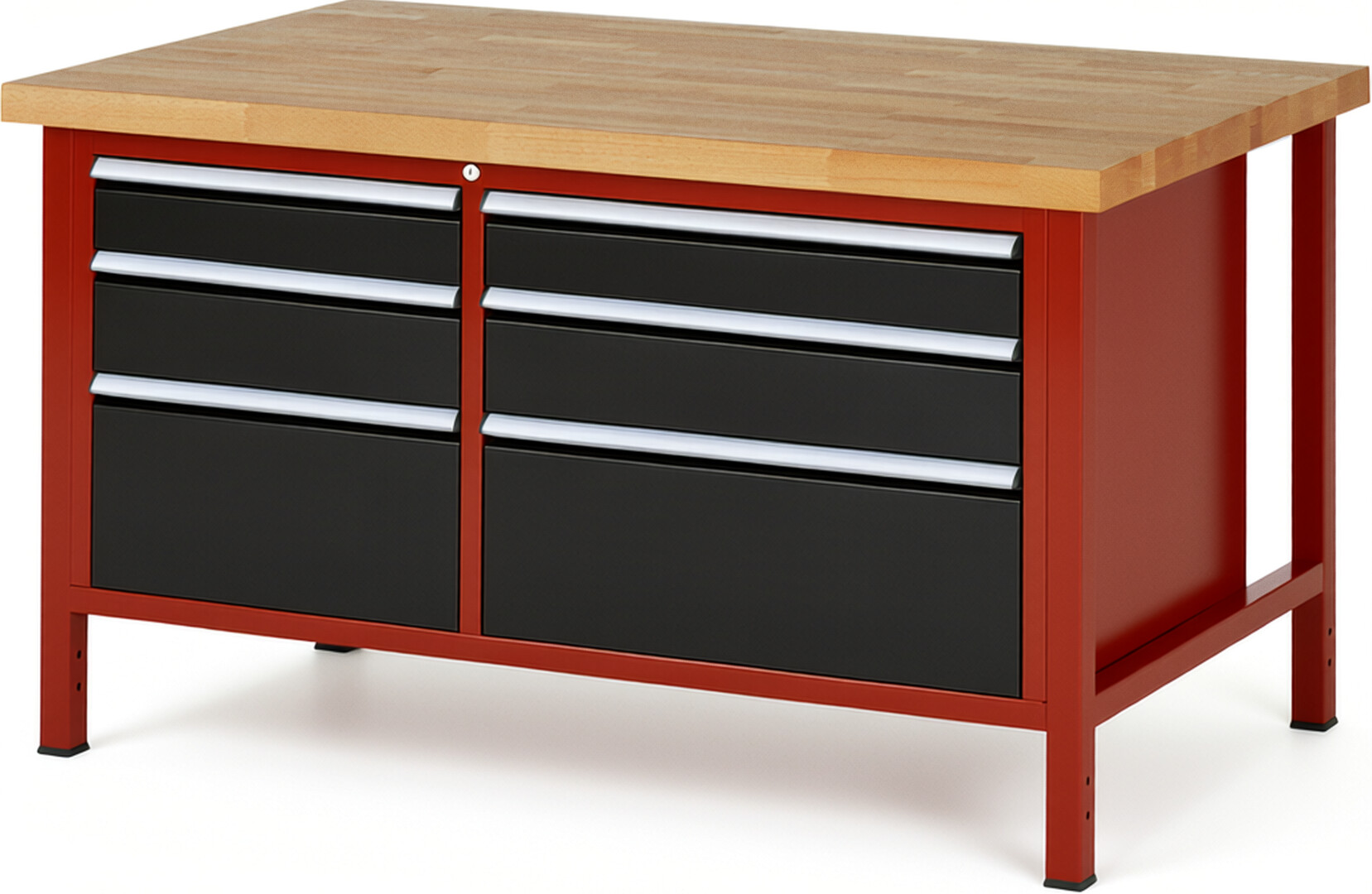 RAU Werkbank rot - schwarz - Breite 150 cm - Tiefe 90 cm - Höhe 104 cm - Buche-Massiv Arbeitsplatte 40 mm