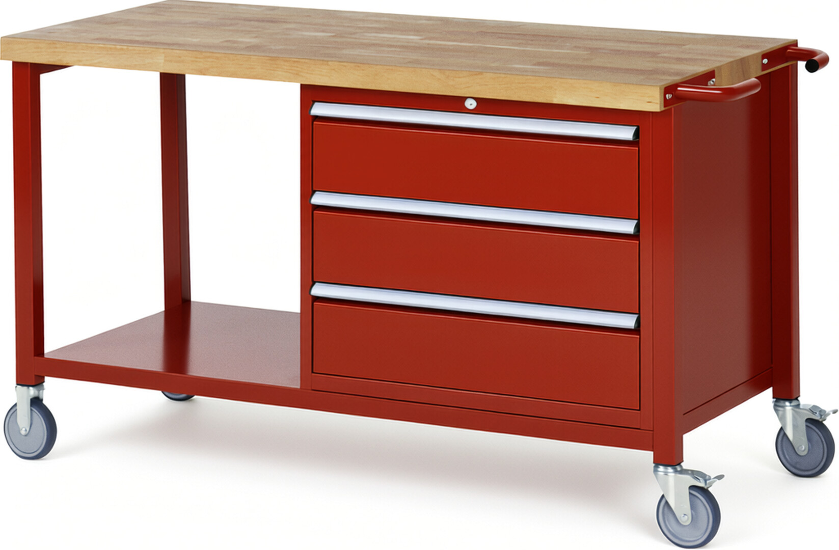 Fahrbare Werkbank Modell 8257 rot, BxTxH 1500x700x880 mm,  Buche-Massiv Arbeitsplatte 40 mm,  3 Schubladen mit  Auszug 90 %