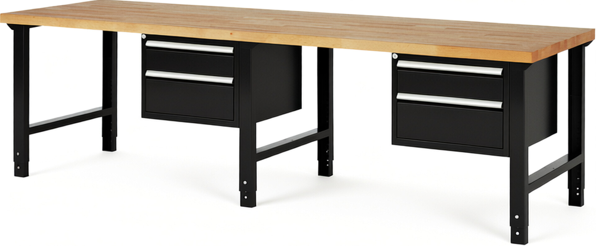 Werkbank Modell 7123 schwarz, BxTxH 3000x900x790-1140 mm,  Buche-Massiv Arbeitsplatte 40 mm,  4 Schubladen mit  Auszug 90 %